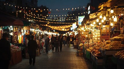 Vibrant night market illuminated by fairy lights
