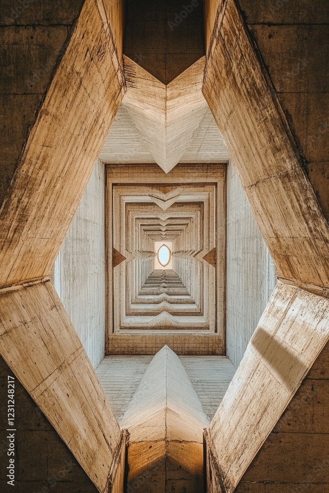 Poster looking up at a concrete structure with geometric patterns, showcasing symmetry and abstract archite