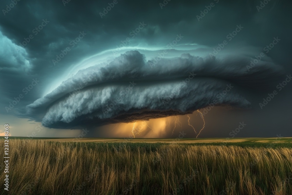 Poster a large storm cloud with lightning bolts is hovering over a field. scene is ominous and foreboding
