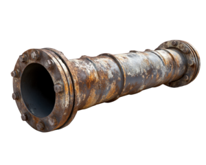 rusty industrial pipe with flanges, showcasing weathered metal and corrosion. This object represents age and wear, ideal for industrial themed projects