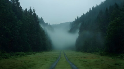 Misty forest road, rain, valley, nature