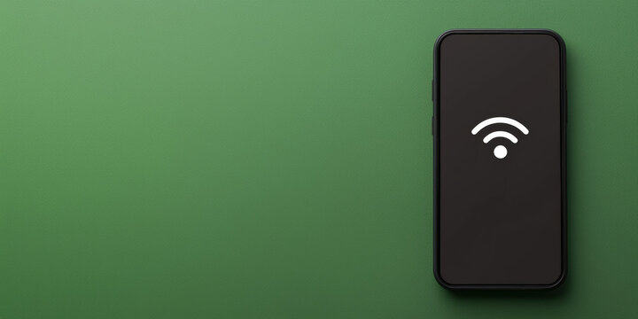 A sleek black smartphone displaying a Wi-Fi symbol against a solid green background, representing connectivity and technology.