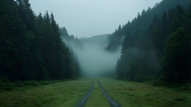 Misty forest road, rain, valley, nature