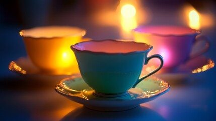 Fototapeta premium Three cups with different colors and a white saucer. The cups are lit up with a light