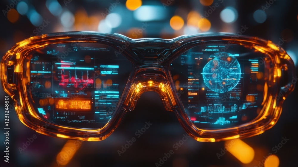 Poster futuristic orange and blue goggles displaying digital data in a bokeh background