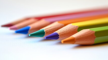 Fototapeta premium A detailed close-up of colorful pencils aligned in a row, showcasing vibrant hues and sharp tips, perfect for art and creativity themes.