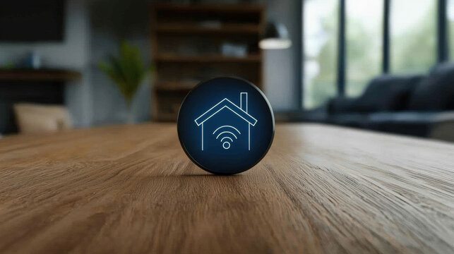 A smart home device displaying a Wi-Fi symbol, placed on a wooden table in a modern, cozy living room setting.