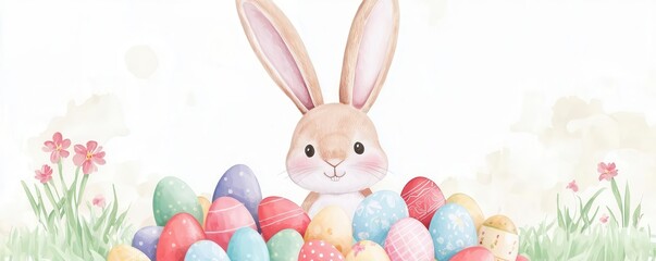 Obraz premium Cute bunny surrounded by colorful Easter eggs in a garden.