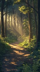 Obraz premium Sunlit Forest Path: A Journey Through Enchanting Woods. Discover the magic of nature in this breathtaking landscape photography. Explore a tranquil trail bathed in sunlight.