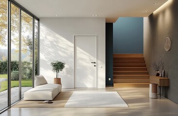 Fototapeta premium Minimalist Scandinavian Hallway Entrance with Wooden Staircase and Contemporary Decor