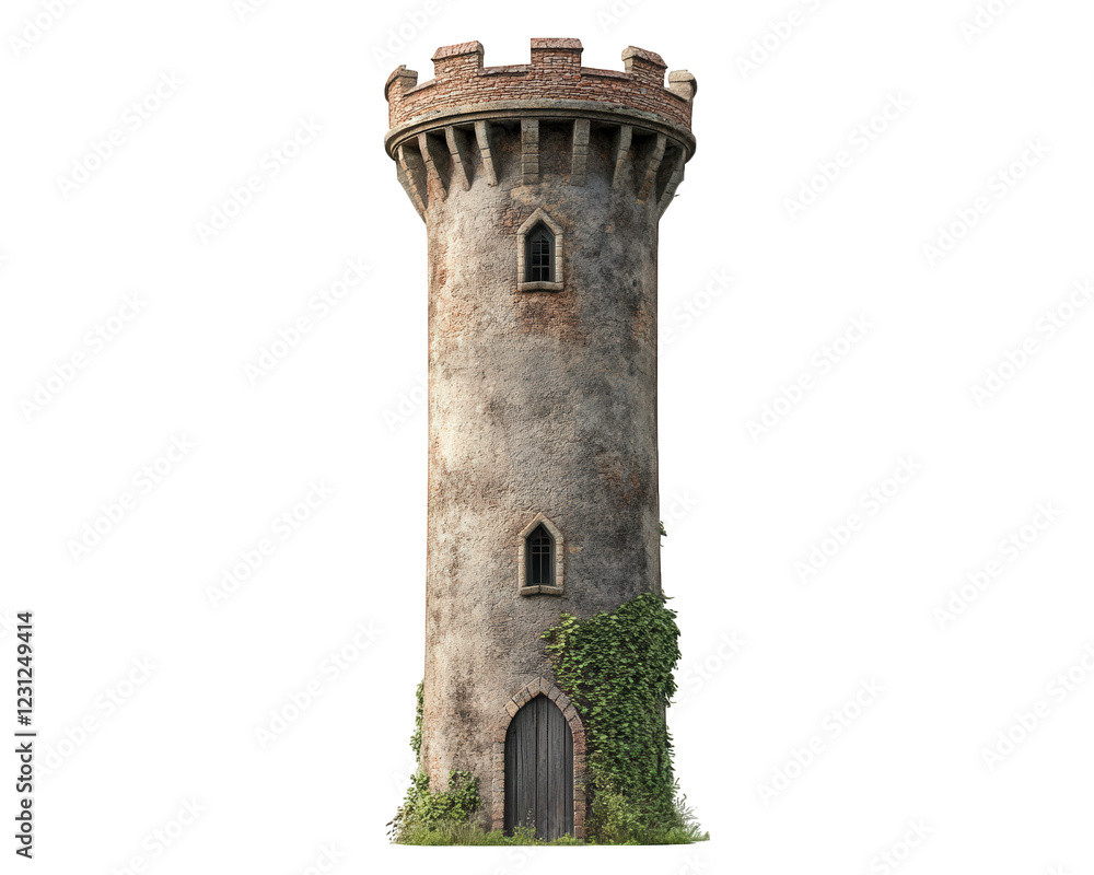 Poster tall stone tower with round structure, featuring brick top and small windows. tower is partially cov