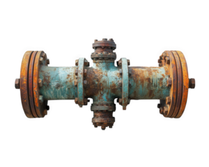 Rusty industrial pipe with flanges and corrosion, isolated on transparency background, showcasing weathered metal and industrial design