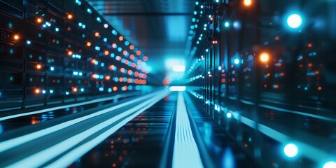 Highly detailed close-up of fiber optic cables transferring data at lightning speeds through high-performance networking equipment.