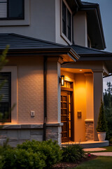 Fototapeta premium Luxury Home Exterior at Night: Modern Architectural Design, Elegant Entrance, and Landscaped Garden