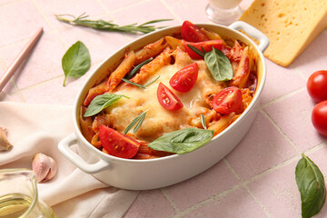 Baking dish of pasta with tomato sauce and cheese on pink tile background