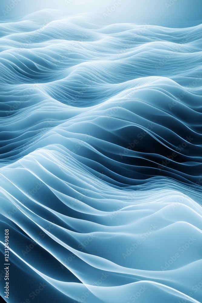 Poster abstract image of ocean waves in blue tones, showcasing a serene and calming effect with soft light 