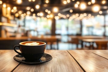 Freshly Brewed Coffee on Wooden Table in Cozy Cafe Setting