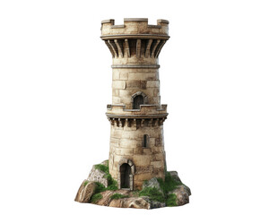 Ancient stone tower on rocky base, showcasing medieval architecture and historical design. This structure evokes sense of mystery and adventure