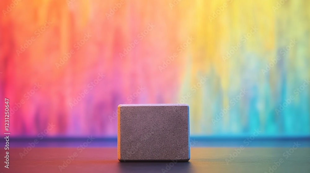 Poster a simple gray block stands prominently against a vibrant rainbow background. this image highlights m