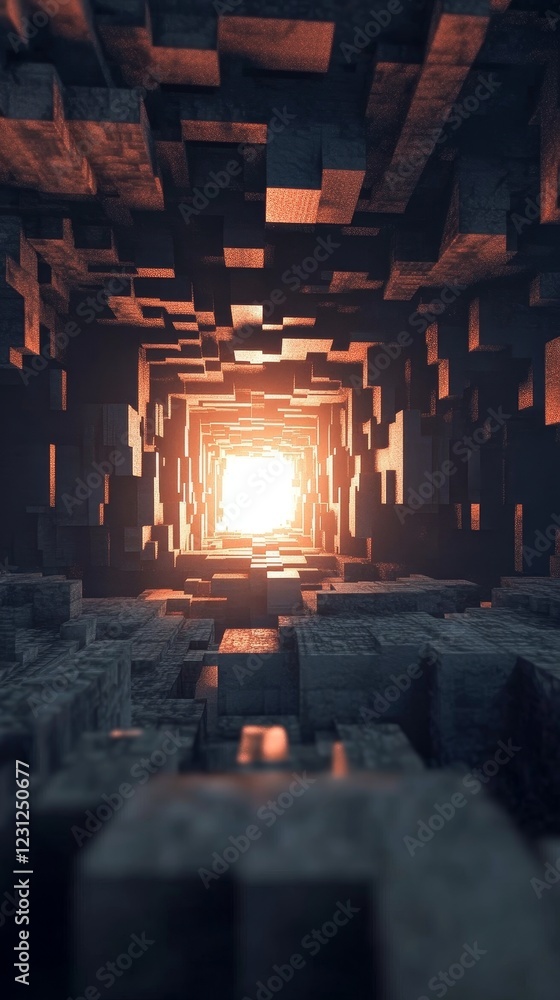 Poster a captivating view of an abstract tunnel filled with light, revealing a geometric structure that dra