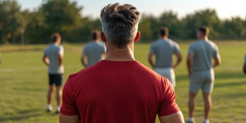 Fototapeta premium leadership development concept. Coach observes athletes during practice on a sunny day.