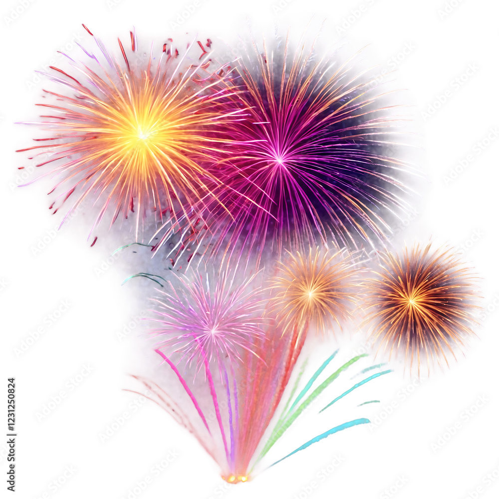 Poster fireworks explosion in vibrant colors creating a festive display isolated on a clean png background,