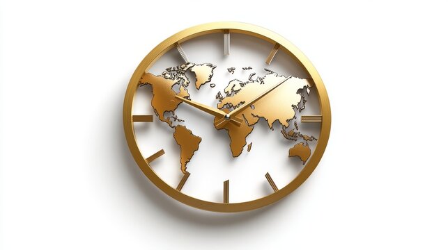 14.A circular clock with a world map forming the clock face, adorned with elegant metallic hour and minute arrows, placed against a simple white background for a contemporary feel.