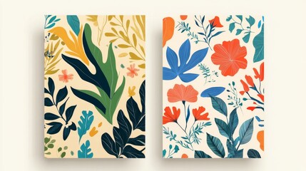 108.A collection of seamless designs with wild botanical elements, one focusing on minimalist line art and the other emphasizing vibrant colors and organic forms.