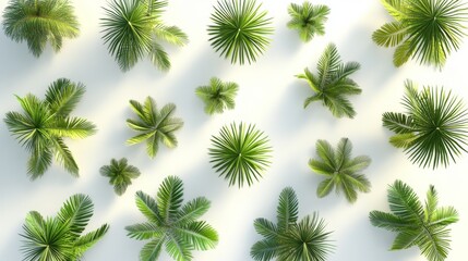 63.A collection of stylized tropical palm trees, each featuring unique shapes and bright shades of green, arranged symmetrically on a plain white backdrop.