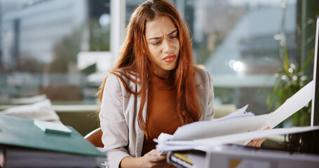 Documents, overworked and confused with business woman in office for deadline, research and...