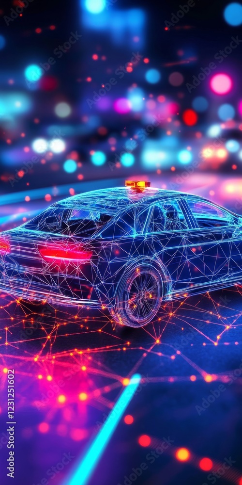 Poster a car is shown in a neon color with a red light on the front. the car is surrounded by a web of ligh