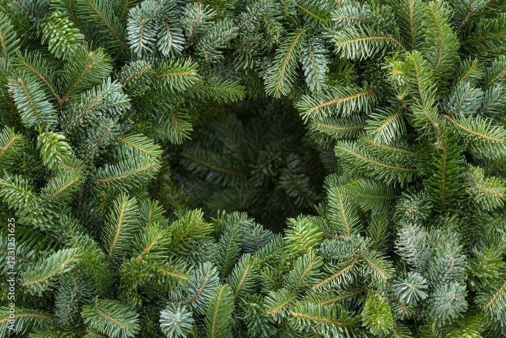 Poster green fir needles in a circular wreath pattern with empty center