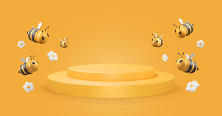 3D Podium with bee and flowers on yellow background. Beekeeping banner. Promotional template with pedestal for product, sale offer. Vector illustration. Cartoon insects render, plasticine chamomiles