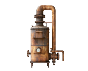 Rusty industrial distillation apparatus with vintage design, featuring pressure gauge and pipes. This unique piece adds character to any steampunk or industrial themed setting