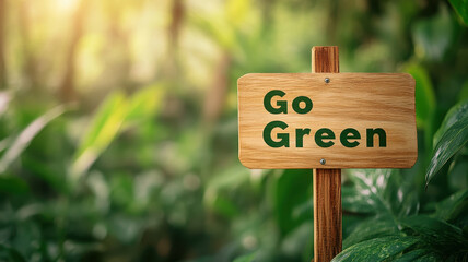 Wooden sign reading Go Green in lush green jungle, promoting environmental awareness and sustainability. vibrant foliage enhances message of conservation