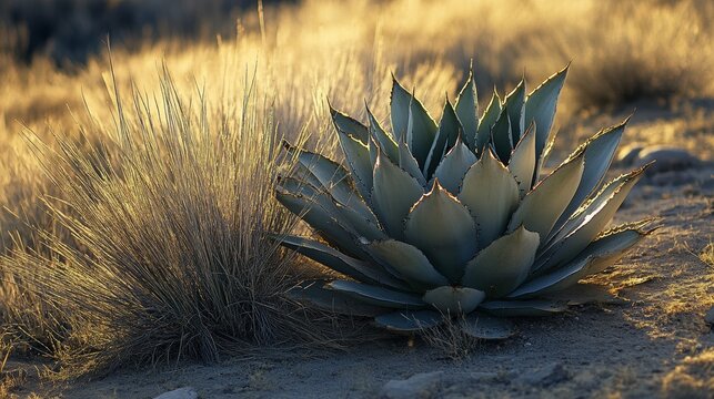 36.A close-up of a desert plant with intricate details of its leaves, surrounded by tall, weathered grass, with soft sunlight bathing the natural scene of Marfa, Texas.