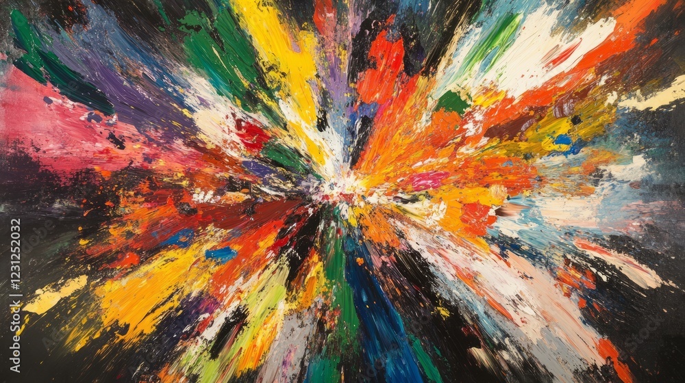 Poster dynamic abstract artwork with vibrant colors and explosive paint strokes, creating a sense of moveme