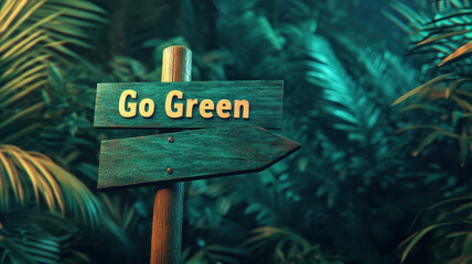 Go Green wooden sign in lush jungle surrounded by vibrant foliage, promoting environmental awareness and sustainability