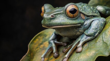 101.A detailed macro shot of a green frog gripping the edge of a leaf, its vibrant colors contrasting with the darker shades of the surrounding vegetation in Okeechobee.