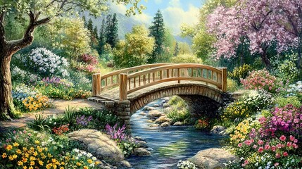 Obraz premium Spring, Wooden Bridge, Mountain Stream, Floral Garden, Peaceful Landscape, Poster Art