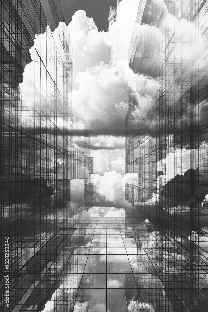 Poster abstract skyscraper architecture and cloud reflection in modern urban design