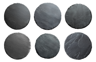 Black round slate stones isolated on transparent background, top view