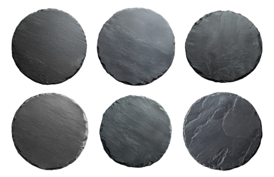 Black round slate stones isolated on transparent background, top view