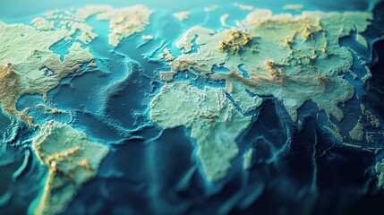 11.A digital rendering of a world map with interactive flood zones, showcasing rising sea levels and coastal areas in peril, enhanced with soft 3D textures and glowing effects.