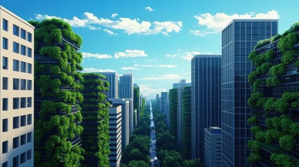 Obraz premium Lush Green Urban Landscape with Modern Skyscrapers and Blue Sky