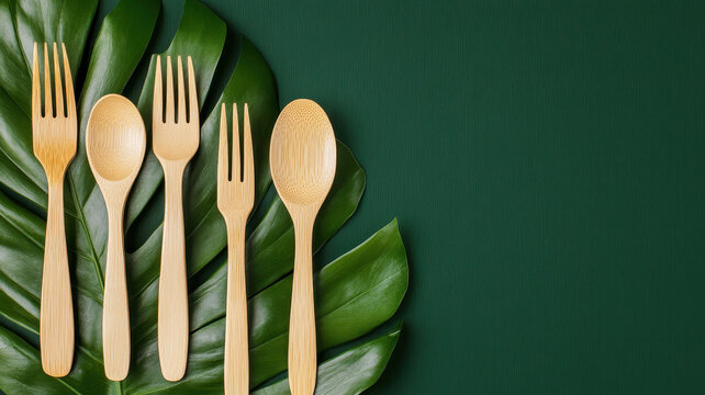 Eco conscious wooden cutlery arranged on green leaf background, showcasing sustainable dining options. Perfect for eco friendly events and gatherings