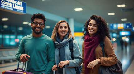 Three diverse travelers with luggage standing in modern airport terminal for travel, transportation, family vacation, business trip, or airport service concepts.