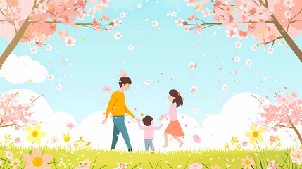 Family enjoy activities in beautiful park with cherry blossom tree.spring template background