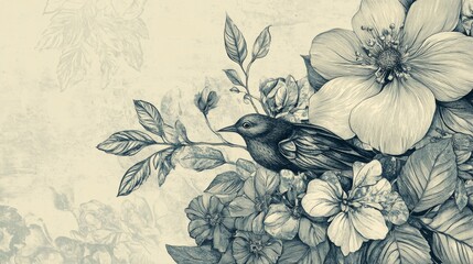 83.An intricate floral design showcasing hand-drawn botanical elements, including blooming flowers and leaves, layered harmoniously for versatile printing.