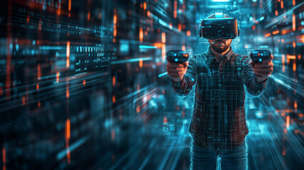 A man wearing VR headgear playing a game while in his room full of data technology graphics layered